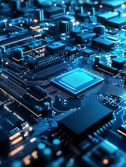 Poster - Futuristic Circuit Board Closeup with Blue Neon Lights and Processor : Generative AI