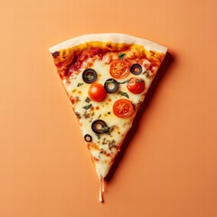 Poster - Colorful pizza slice with drippy cheese and stylized toppings against a minimalist background. Generative AI