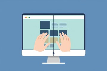 Hands-on Web Design: A pair of hands interacts with a computer screen, showcasing the creative process of designing a website layout. The flat design aesthetic brings a playful touch to the image.