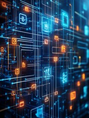 Leinwandbilder - Innovative Futuristic Digital Circuit Board with Glowing Blue and Orange Elements : Generative AI