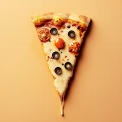 Poster - Delicious pizza slice with stylized toppings and cheese drips displayed on a minimalist background. Generative AI