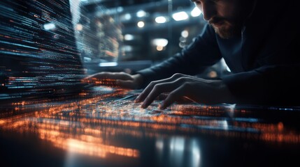 Focused programmer working late at night on laptop with glowing code.