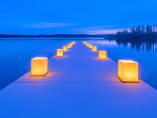 Wall Mural - Tranquil Lake Pier at Dusk: A Glow of Paper Lanterns