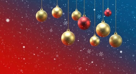 Wall Mural - Christmas Ornaments: A festive collection of golden and red Christmas ornaments hang against a vibrant red and blue gradient background, adorned with delicate snowflakes.