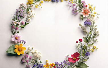 Wall Mural - a circular arrangement of various colorful flowers and green leaves on a light background. The flowers include pink, yellow, purple, and red blossoms, creating a vibrant and natural