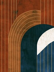 Leinwandbilder - An abstract art piece that features a curved arch juxtaposed with geometric lines, blending shades of orange, blue, and white in an intriguing composition.