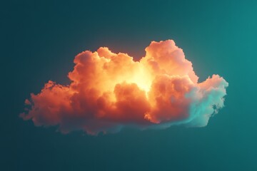 Aufkleber - A fiery cloud illuminated by a radiant golden light dominates a tranquil teal sky, presenting a captivating interplay of warmth, contrast, and dramatic elegance.