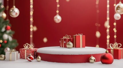 Wall Mural - A merry Christmas-themed podium with gifts, ornaments, and snow, perfect for a holiday banner.