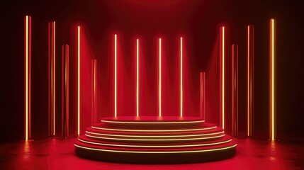 Wall Mural - A minimalist stage podium surrounded by golden spotlights, with a deep red background setting the tone for celebration.