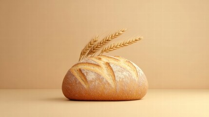 Fototapete - Minimalist bread loaf with wheat grains on simple background for creative design and branding. Generative AI