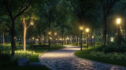 Wall Mural - A peaceful park illuminated by modern LED streetlights, with a cobblestone walkway winding through tall trees at dusk