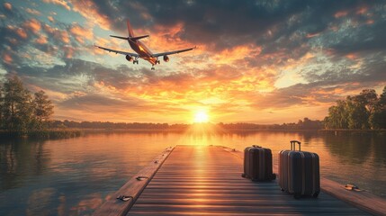 Poster - A peaceful travel scene with luggage on a dock, glowing sunset colors, and an airplane flying overhead.