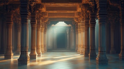 Sticker - A peaceful temple interior with intricately designed columns and serene ambient light