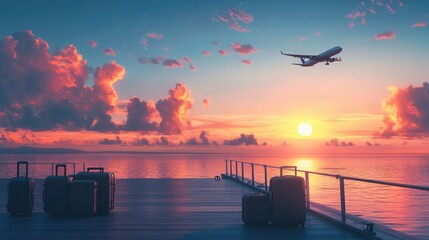 Poster - A peaceful travel scene with luggage on a dock, glowing sunset colors, and an airplane flying overhead.