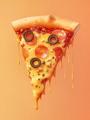 Poster - Delicious slice of pizza with cheese drips and stylized toppings in minimalistic design and vibrant color scheme. Generative AI