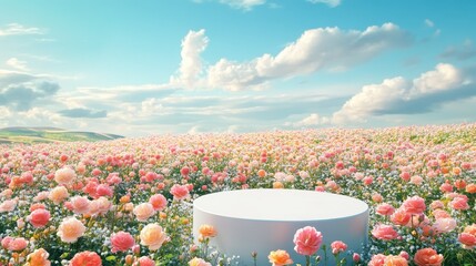 Canvas Print - A podium nestled in a field of colorful spring roses, with gentle petals and a tranquil sky.