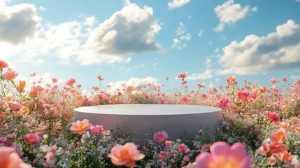 Canvas Print - A podium nestled in a field of colorful spring roses, with gentle petals and a tranquil sky.