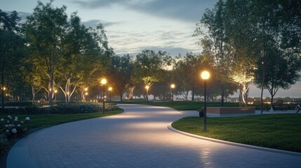 Wall Mural - A quiet park at dusk, with modern LED streetlights casting a warm glow on a winding paved walkway lined with trees