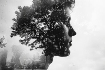 Fototapete - Silhouette of a woman with a tree reflection against a sunset sky overlooking a cityscape, representing tranquility and introspection in nature