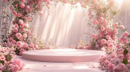 Canvas Print - A round podium surrounded by blooming roses, creating a stunning spring-themed backdrop under soft sunlight.