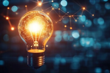 Fototapete - A glowing light bulb is set against an abstract network background, symbolizing innovation and ideas, with sparks of energy connecting in a digital form.