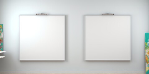 Two white boards on a wall with a desk in the background, with ample copy space for text.