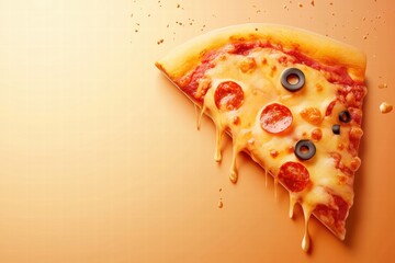 Poster - Delicious pizza slice with stylized toppings and cheese drips on minimalist warm background. Generative AI