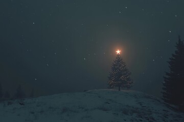 Aufkleber - A Christmas tree adorned with lights and a star stands under a dark, snowy sky. The image captures the peaceful, magical essence of the winter season.