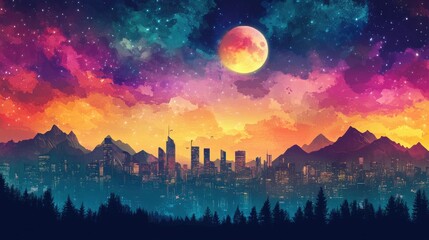 Canvas Print - A serene night view of a city skyline, under a vibrant and colorful sky with mountains creating a perfect backdrop.