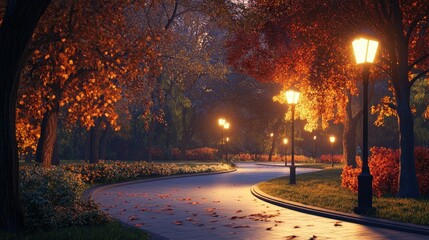 Wall Mural - A serene park at dusk, with glowing LED streetlights illuminating a curved pathway and vibrant autumn trees