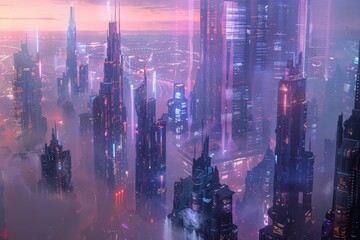 Fototapete - City skyline at night with illuminated buildings and digital overlay creating a futuristic atmosphere in an urban environment