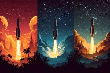 Wall Mural - illustration of spacex rocket launching through starry night skies