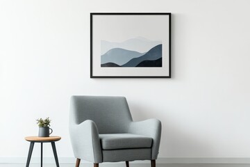 Aufkleber - A modern chair sits beside a small round wooden table, with a framed artwork hanging on a white wall, creating a minimalistic and stylish interior setting.