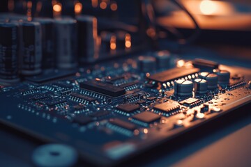 Poster - This modern electronic circuit board shot reveals the complexity and precision in contemporary technology, showing various components and intricate connectivity.