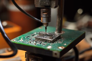 Poster - A detailed close-up shot captures the intricate process of electronic circuit board manufacturing, highlighting the precision and technology involved in its creation.
