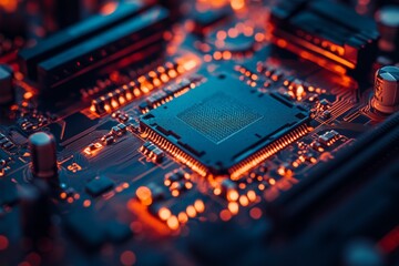 Fototapete - A close-up image of a microchip on an illuminated circuit board, capturing the advanced technology and precision engineering of modern electronic components.