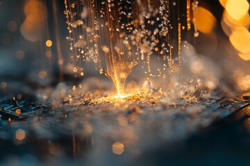 Leinwandbilder - A mesmerizing close-up of golden sparks cascading over electronic microchip circuits, illustrating technology and innovation in a dazzling visual spectacle.