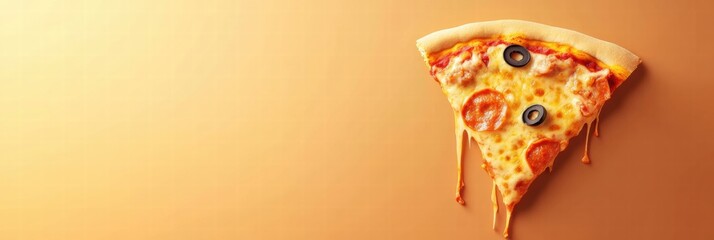 Poster - Delicious pizza slice with stylized toppings and cheese drips on minimalist background perfect for mock up. Generative AI