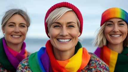 Three Smiling Women Wearing Rainbow Scarves and Beanies