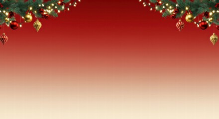 Wall Mural - Festive Christmas Background: A vibrant red background with delicate garland and sparkling lights creates a festive backdrop for your holiday designs. Perfect for invitations, greetings, and more.