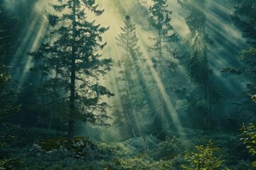 Poster - Sunlight filters through the trees in a misty forest creating a magical atmosphere at dawn