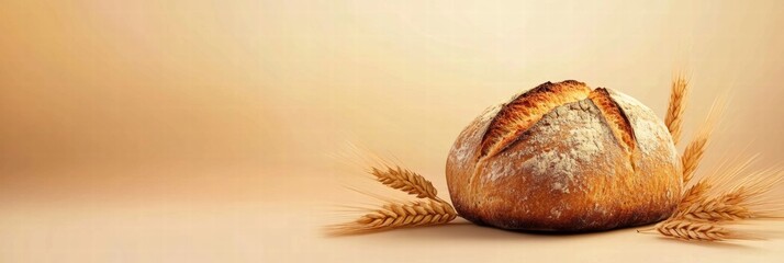 Poster - Minimalist bread loaf on a soft background with space for text and wheat grains. Generative AI