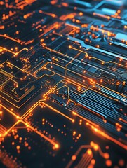 Aufkleber - Futuristic Technology Circuit Board with Glowing Orange and Blue Lines : Generative AI
