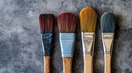 A variety of paintbrushes with vibrant bristles arranged on a textured surface.