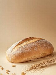 Poster - Minimalist bread loaf surrounded by wheat grains on a warm neutral background with ample space for text and design elements. Generative AI