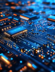 Aufkleber - Close Up View of a Glowing Circuit Board with Illumination and Connections : Generative AI