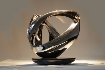 Poster - Shiny abstract sculpture displaying dynamic curves and reflections in an outdoor setting with a marble backdrop