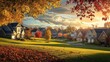 © ANUAR - Serene suburban neighborhood under a golden autumn sunset with colorful trees, picturesque homes on a quiet street surrounded by nature's beauty