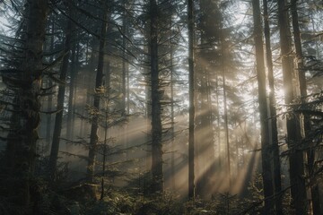 Poster - Sunlight breaks through misty forest, illuminating trees and underbrush during early morning hours in a tranquil woodland setting