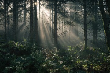 Poster - Sunlight breaks through misty forest, illuminating trees and underbrush during early morning hours in a tranquil woodland setting